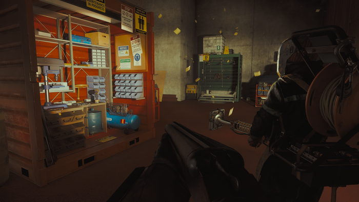 A screenshot from FBC Firebreak where players chase rogue sticky notes.