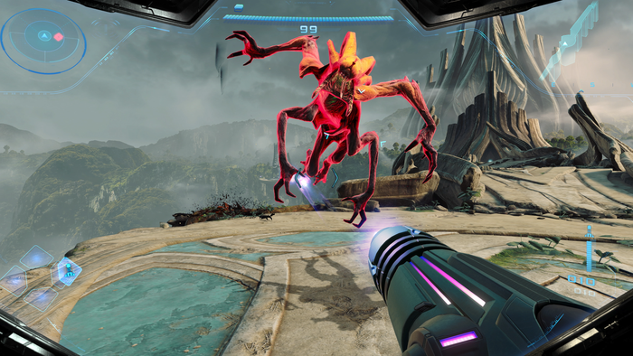 Samus fires at an alien in Metroid Prime 4: Beyond.