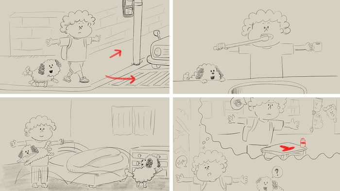 Four pencil drawing storyboards showing Teen navigating a variety of daily challenges