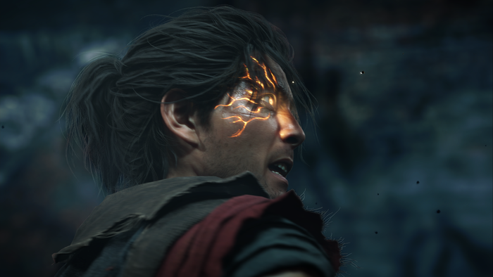 close up on a swordsman's eyes as they appear fiery