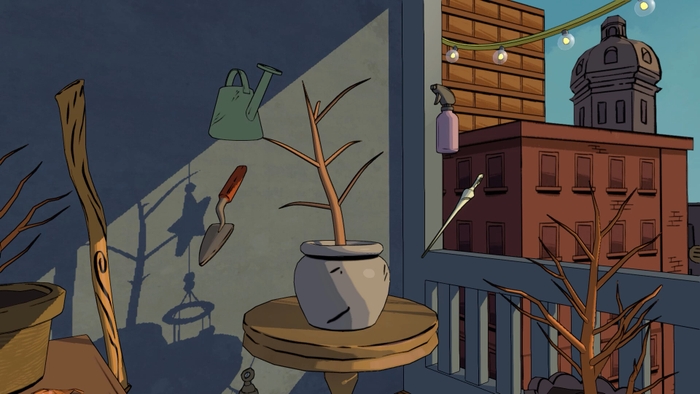 A screenshot from Greenheart Necromancer. A dead plant sits on a balcony, surrounded by floating gardening tools including a wand.