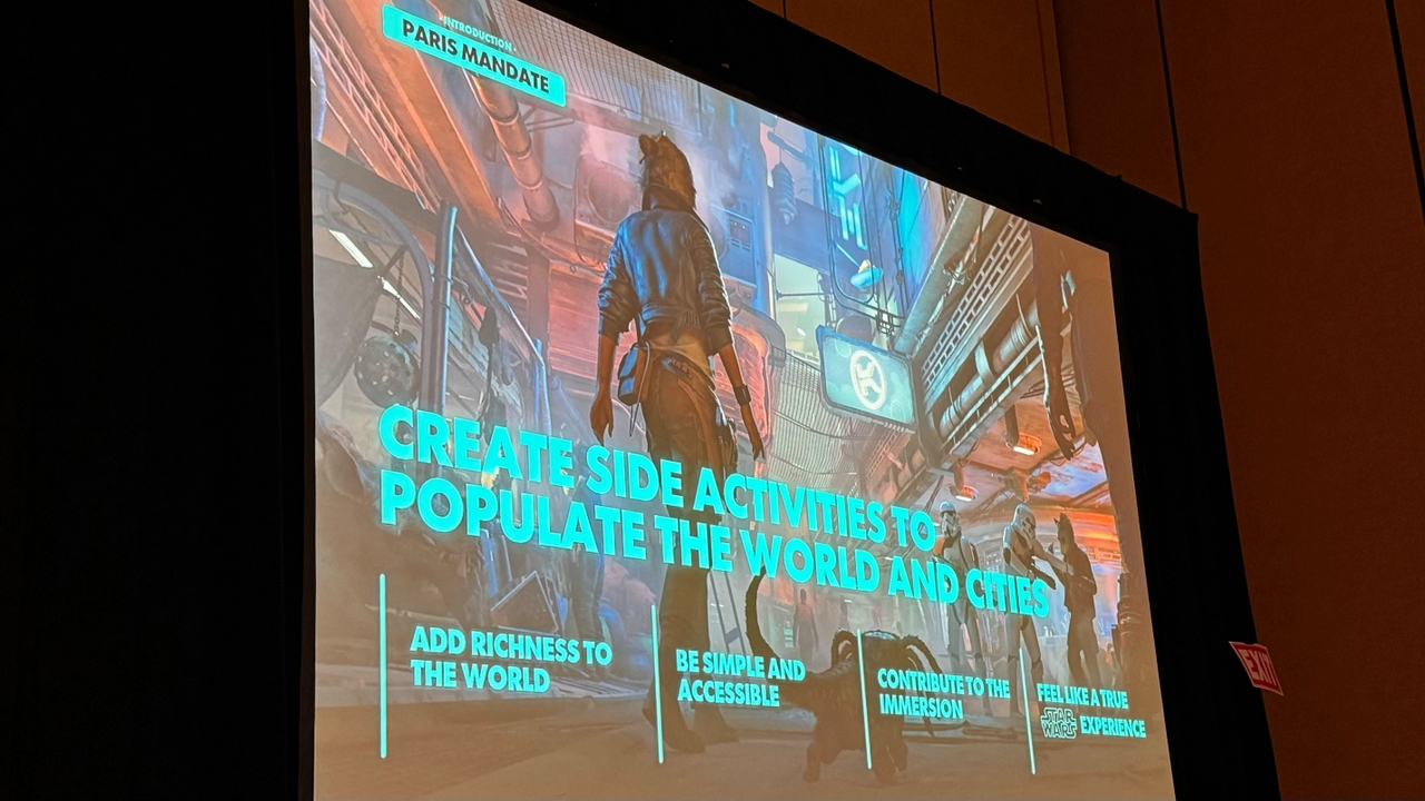 slide showing the player character and noting how side activities enrich the world
