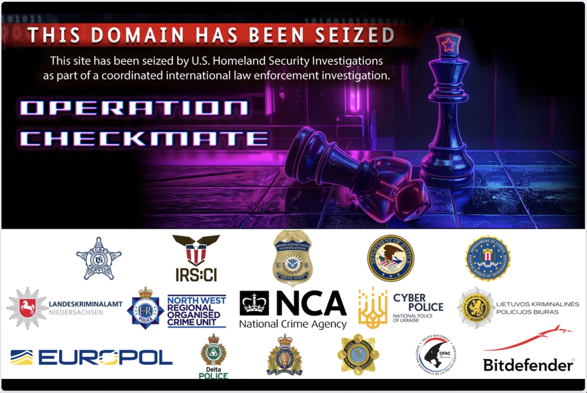 a screenshot from the now-seized dark web leak site of the BlackSuit ransomware gang, which says German, European and U.S. authorities assisted in the takedown operation.