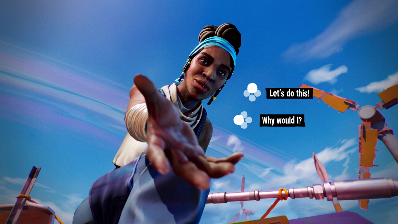 A woman holds out her hand to the player, who can either respond with