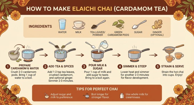 An image generated by Google's Nano Banana Pro model, which shows an infographic describing how to make elaichi chai.
