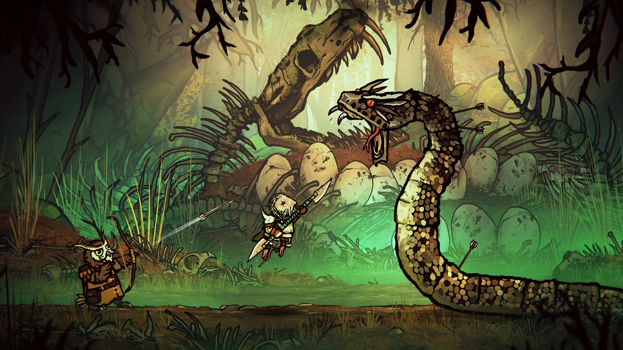 Two small creatures face off against a Snake in Tails of Iron 2.
